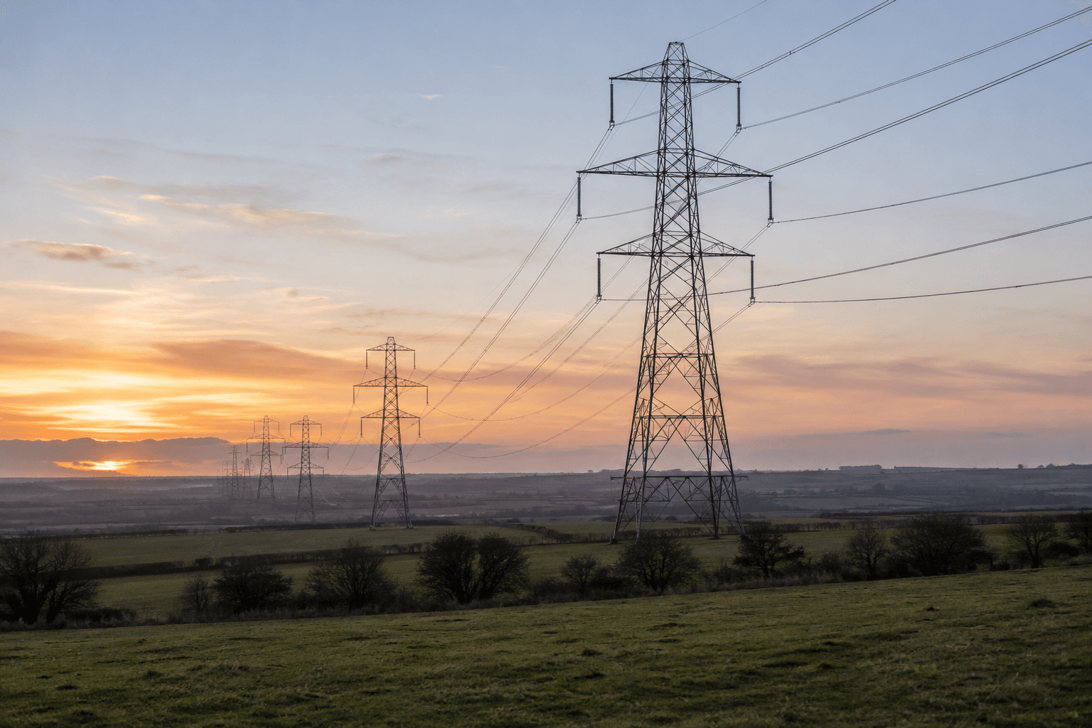High-voltage electricity transmission pylons crossing open countryside at dusk