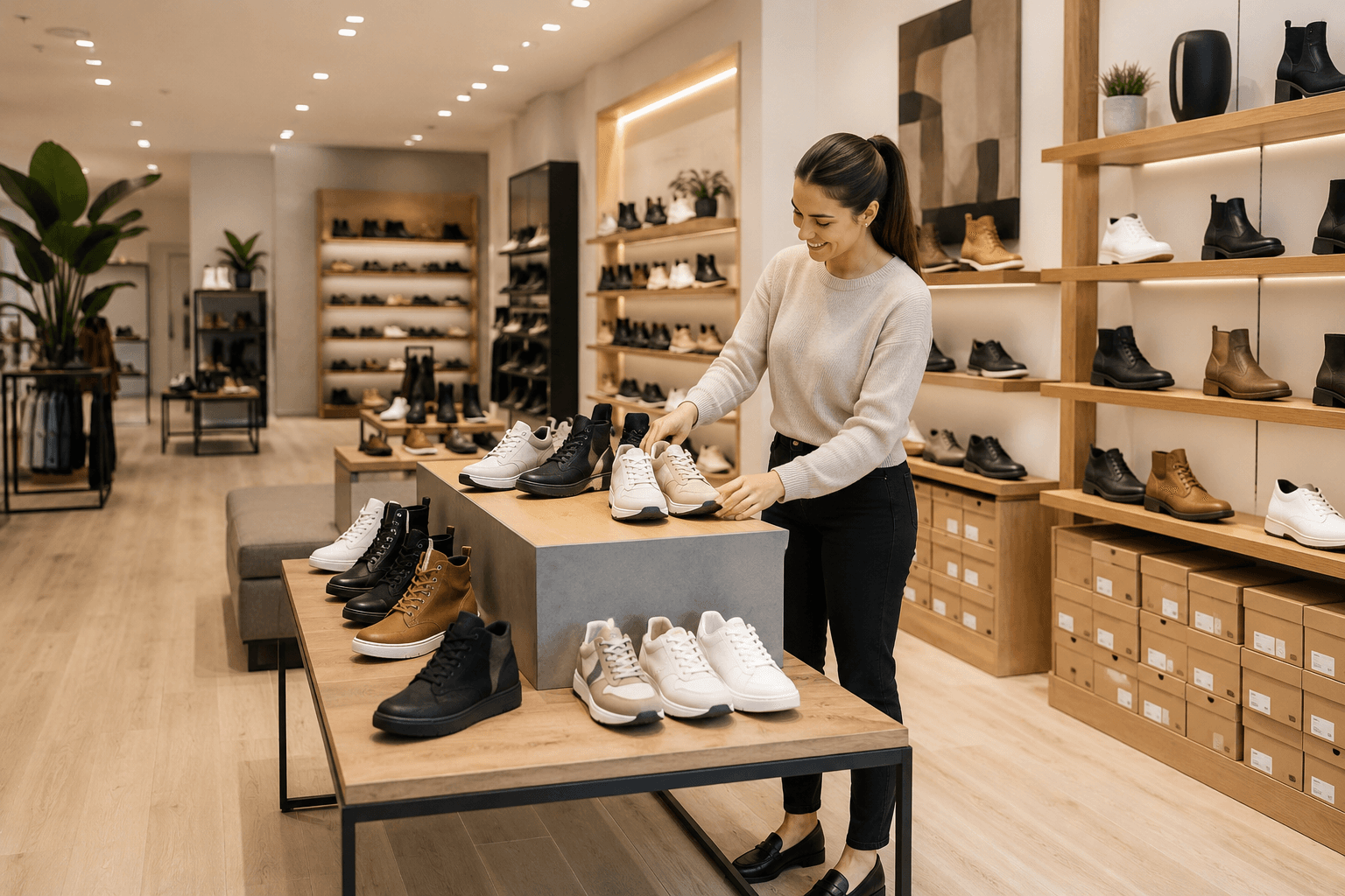 Bright modern footwear shop interior with an assistant arranging a display